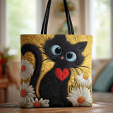 Bolso Artesanal “Gato Negro con Corazón y Margaritas”